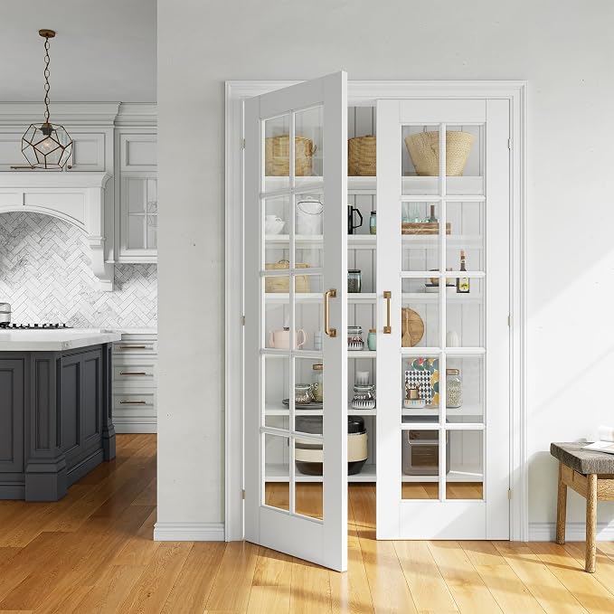 SMARTSTANDARD 48" x 80" Clear Glass French Interior Solid Core Door Slab | 10-Lite Glass Pantry Door for Bathroom Laundry Pocket, Pre-Assembled Panel without Hardware, White Primed