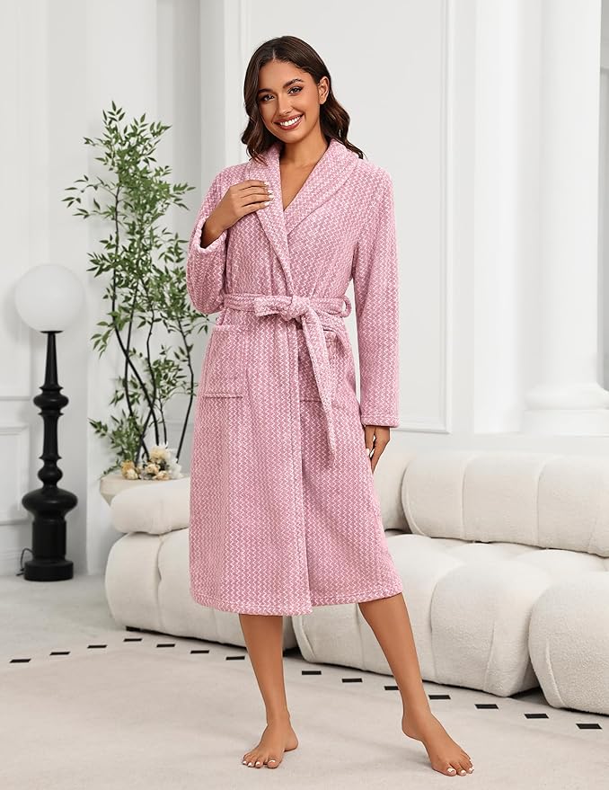 Ekouaer Women's Robe Long Plush Soft Bathrobe Cozy Warm Robes Shawl Collar Sleepwear with Pockets
