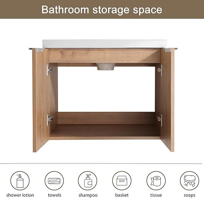 60 Inch Floating Vanity, 60" Bathroom Vanity with Sink, Double Sink Wall Mounted Vanity Combo, Modern Brown Bathroom Vanity Set with 4 Doors and White Basin Sink