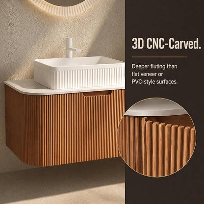 30 Inch Bathroom Vanity with Sink, Floating Wall Mounted Single Sink Vanity, Natural Woodgrain Curved Fluted Front, Stone Top, White Textured Rectangular Vessel Basin, Pre-Assembled