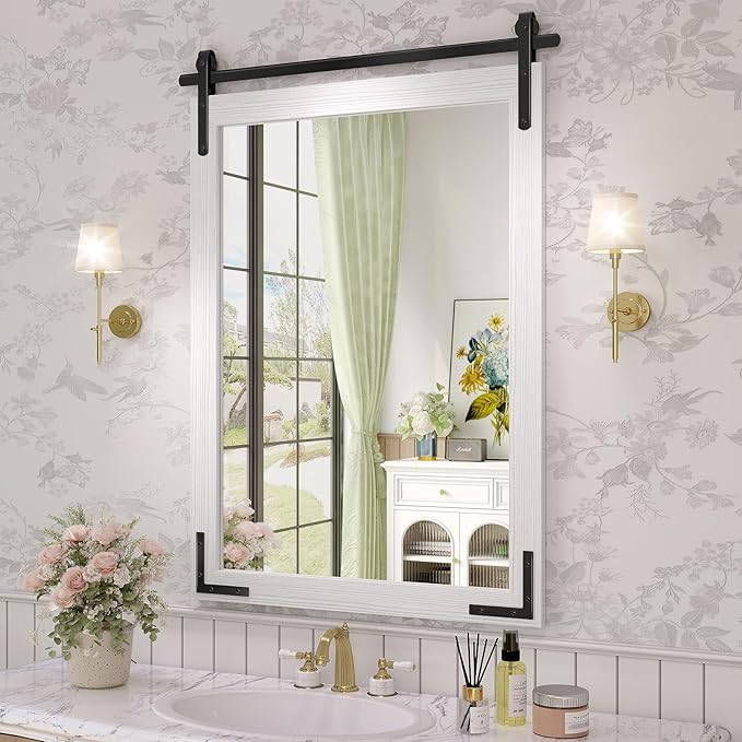 Farmhouse Bathroom Mirror, 24x36 Inch White Vanity Mirror for Wall, Wood Framed Rustic Mirror Rectangular Wall Decor Mirrors for Entryway Living Room Bedroom