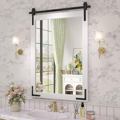 Farmhouse Bathroom Mirror, 24x36 Inch White Vanity Mirror for Wall, Wood Framed Rustic Mirror Rectangular Wall Decor Mirrors for Entryway Living Room Bedroom