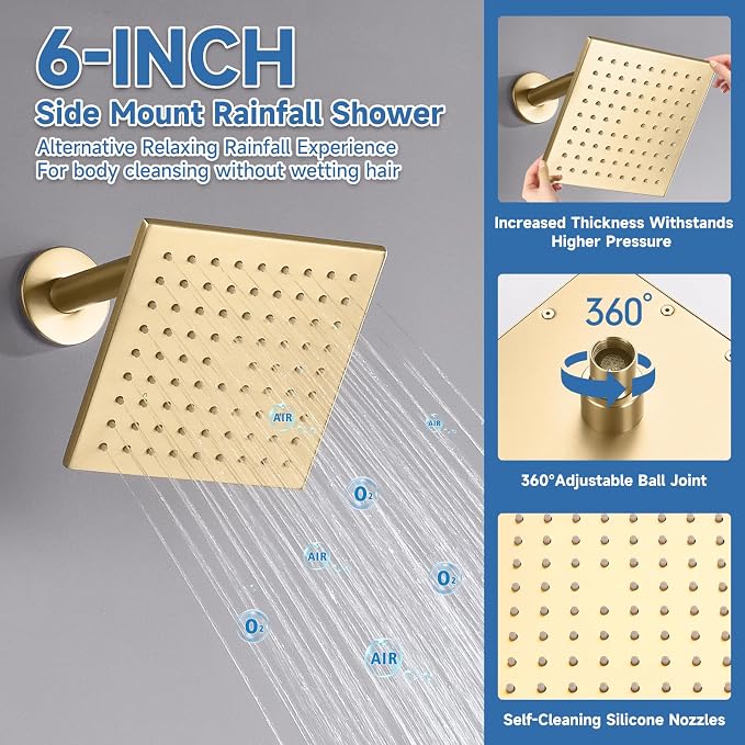 Dual Rainfall Shower Head System, Push Button Shower Faucet Set with 12" Ceiling Mount Rain shower head and 6" Wall Mount Shower Head, Pressure Balance Rough-in Valve (Brushed Gold)