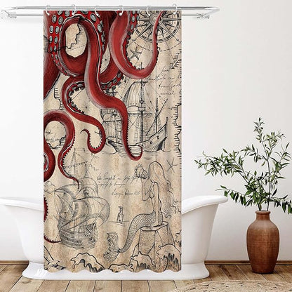 Fungarth Stall Vintage Red Nautical Octopus Shower Curtain Mermaid Funny Ocean Kraken Shower Curtains for Bathroom Cool Anchor Coastal Map Waterproof Fabric Bath Curtain Decor (Retro1, 36” x 72”)