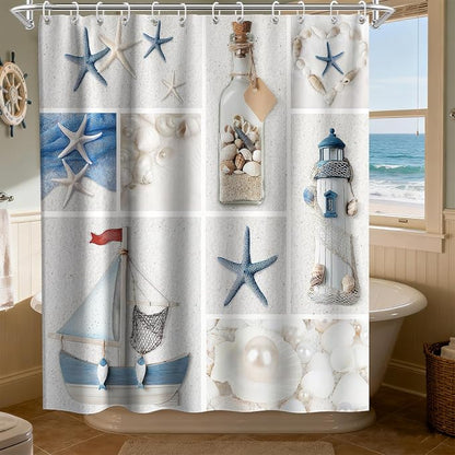 Blue Beach Shower Curtain Ocean Modern Nautical Theme Fabric Seashell Aesthetic Bathroom Decor Sets with Grommets and Hooks 72 W x 78 H Inches White