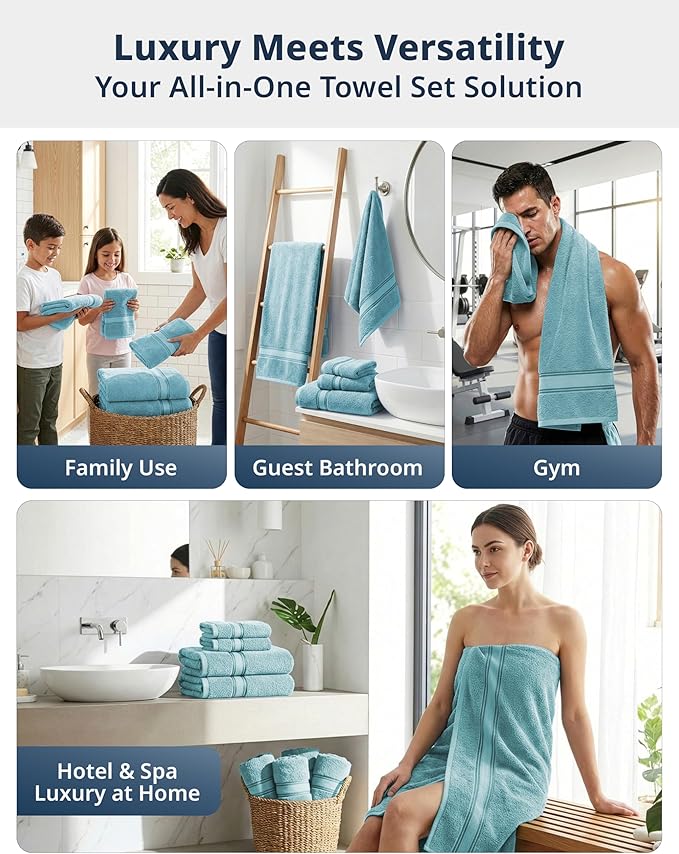 LANE LINEN Bath Towel Set Quick Dry 100% Cotton 6 Piece Soft - Blue | Cotton Bath Towels - Classic Terry Weave, Densely Woven, Coordinated Colors, Dobby Border Accent, OEKO-TEX Certified