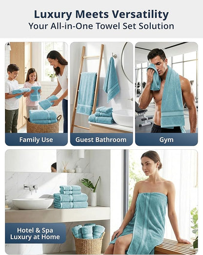 LANE LINEN Bath Towel Set Quick Dry 100% Cotton 6 Piece Soft - Blue | Cotton Bath Towels - Classic Terry Weave, Densely Woven, Coordinated Colors, Dobby Border Accent, OEKO-TEX Certified