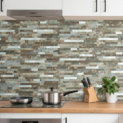 AULIGET 2 Sheets Beige & Brown Slate Peel and Stick Backsplash, PVC Mixed Metal Silver Wall Tile Stick on Backsplash for Kitchen and Bathroom