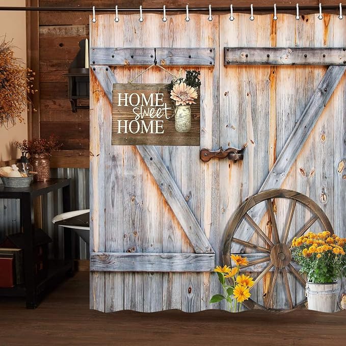 Retro Barn Door Shower Curtain for Bathroom, Western Farmhouse Yellow Daisy Floral Bath Curtain Sets,Fabric Countryside Wooden Cabin Decor Curtains with Hooks 60X70IN