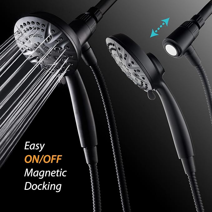 AquaDance New Magnetic Docking 8-setting High Pressure Handheld Shower Head | Space-age Magnetic Guidance Bracket System, Giant 5-inch Face, Extra-long 72-inch Stainless Steel Hose - Black
