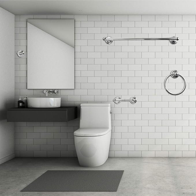 SENTO ROBIKI Modern Silver Bathroom Hardware Accessories Set, Includes Robe Hook, Toilet Paper Holder, Towel Ring, 24" Towel Bar, Duty Metal Bath Hardware Set Wall Mounted(4-Piece, Polished Chrome)