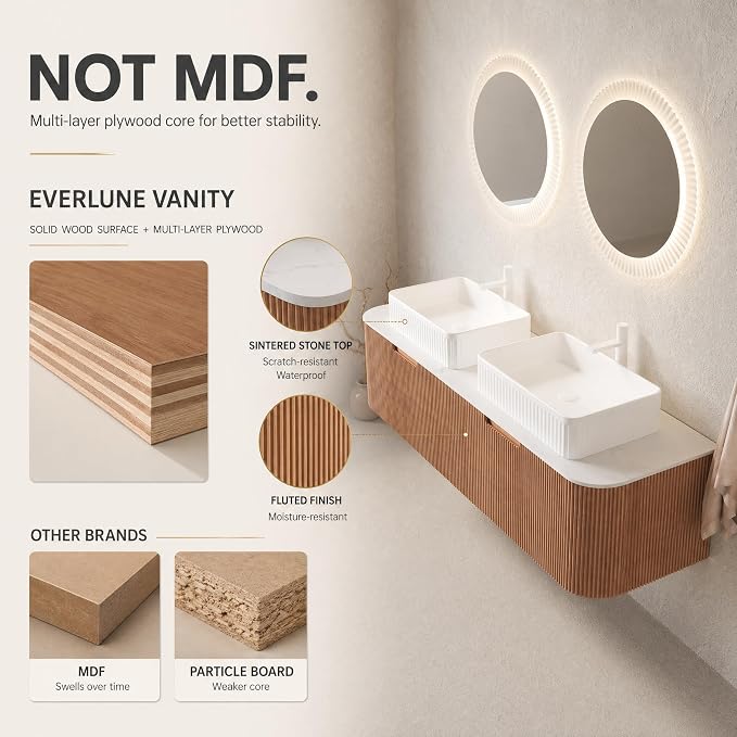 60 Inch Double Sink Bathroom Vanity, Floating Wall Mounted Cabinet, Natural Woodgrain Curved Fluted Front, Stone Top, Dual White Textured Rectangular Vessel Basins, Pre-Assembled