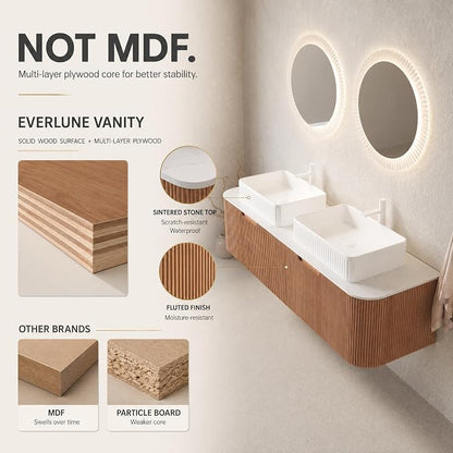 60 Inch Double Sink Bathroom Vanity, Floating Wall Mounted Cabinet, Natural Woodgrain Curved Fluted Front, Stone Top, Dual White Textured Rectangular Vessel Basins, Pre-Assembled