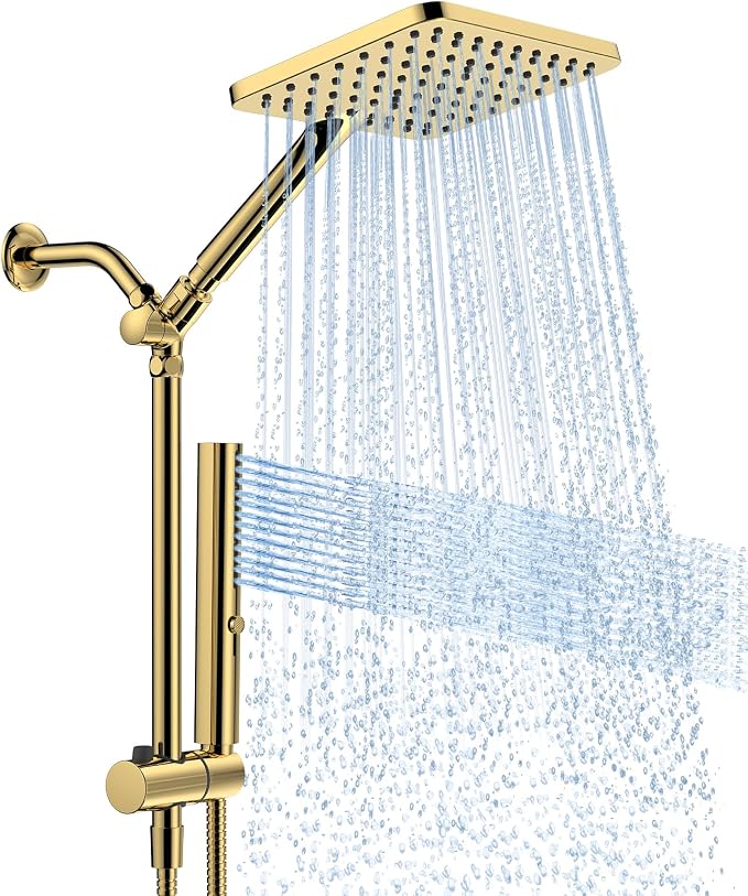 High Pressure Rain Shower Head with Handheld Combo, 10 Inch Square Rainfall Showerhead, Adjustable Slide Bar Dual Shower System, 3 Spray Modes, 59" Stainless Steel Hose, Gold
