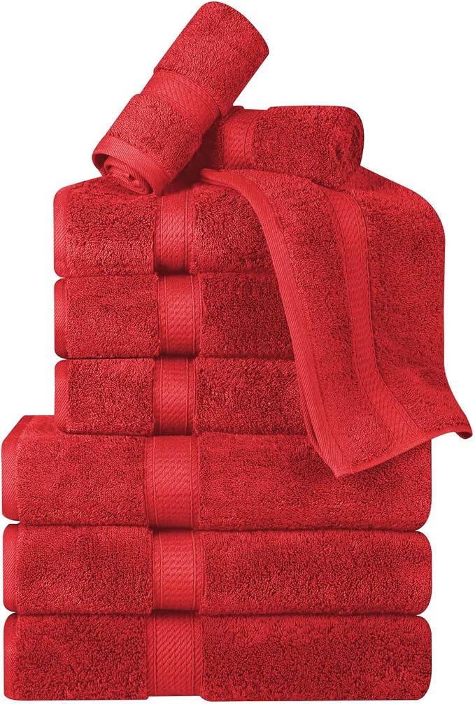 Superior Egyptian Cotton 800 GSM Plush & Absorbent, 9 Piece Set, Red | Quick Dry, Soft Luxury Towel Set, Bath Essentials, Guest Bath, Spa, 3 Bath, 3 Hand, 3 Face Towel, Madeline Towels