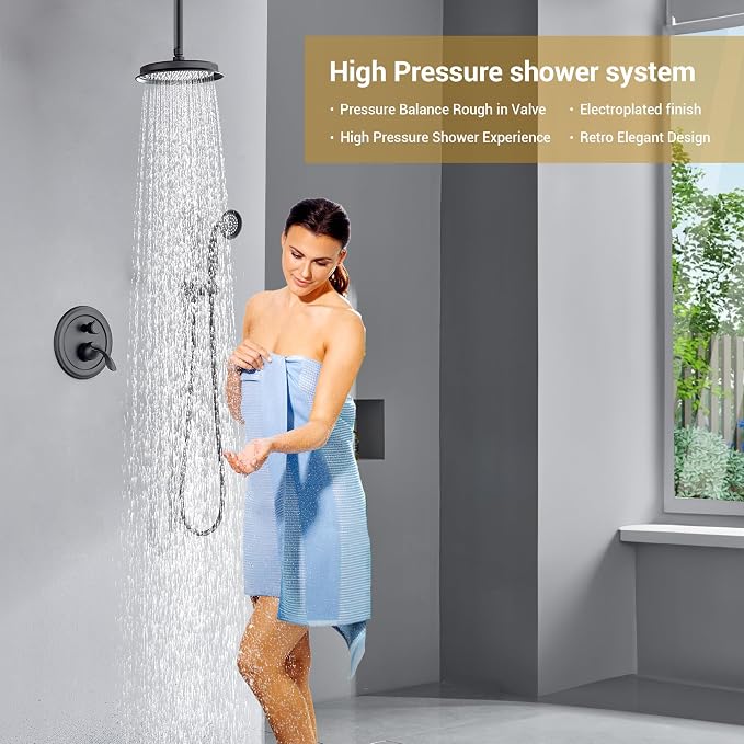 DASAN Rain Shower System Complete Antique Shower Faucet Sets, Shower Fixtures Combo with Pressure Balance Valve, Trim Kit, 9’’ Rainfall Overhead Shower & Handheld, Color Matte Black AT209C-BK