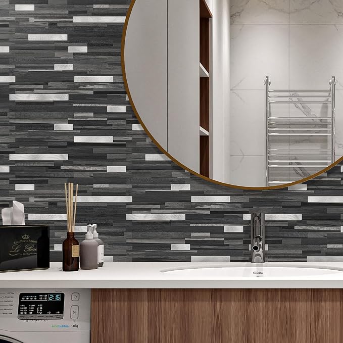 STICKGOO 20 Sheets Peel and Stick Backsplash Tile, Stick on Backsplash for Kitchen and Bathroom, Black Grey Wood Look PVC Mixed Metal Silver Self Adhesive Wall Tiles