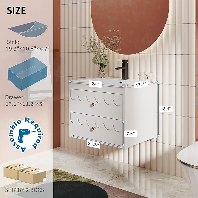 eclife 24" Floating Bathroom Vanity with Sink Combo, Modern Painted Wall-Mounted Vanities Storage Cabinet with Scalloped Decor, Undermount Basin, Faucet, Drain, White