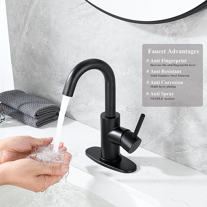 Black Bar Faucet Single Hole, Jodulos Black Matte Bar Sink Faucet with Deck Plate and Supply Lines, Stainless Steel Single Handle Wet Bar Sink Faucet, Matte Black Bathroom Faucet JU1100-BK