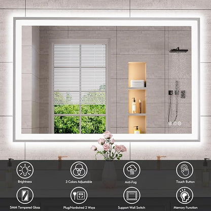 48x32 Inch LED Bathroom Mirror with Silver Frame | Silver Metal Frame, Front and Backlit, 3 Colors, Dimmable, Memory, Anti Fog, Tempered Glass, Lighted Mirror for Wall