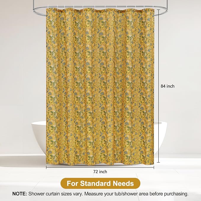 Yellow Floral Bird Shower Curtain 72x84, Hummingbird Jungle Botanical Shower Curtains, Victorian Vintage Farmhouse Chic French Country Style