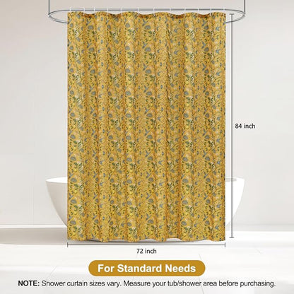 Yellow Floral Bird Shower Curtain 72x84, Hummingbird Jungle Botanical Shower Curtains, Victorian Vintage Farmhouse Chic French Country Style
