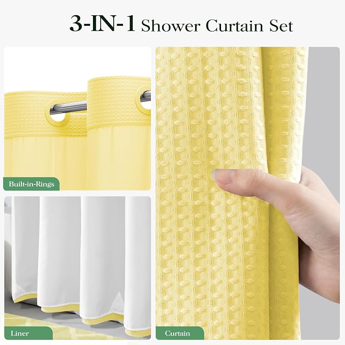 Yellow Hook Free Waffle Shower Curtain & Snap Fabric Liner,72x99 | Less Time to install, 3 in 1 Fabric Shower Curtain and Liner Set with Magnets, Extra Long, Shower Curtains for Bathroom