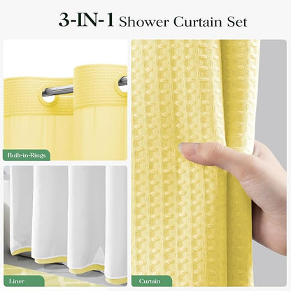 Yellow Hook Free Waffle Shower Curtain & Snap Fabric Liner,72x99 | Less Time to install, 3 in 1 Fabric Shower Curtain and Liner Set with Magnets, Extra Long, Shower Curtains for Bathroom