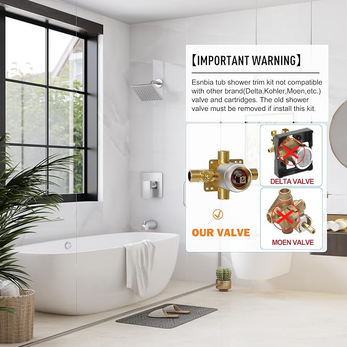 Esnbia Brushed Nickel Shower Faucet Set: 6" Rain Head, Valve & Trim Kit | Complete tub and shower trim kit with 6inch rainfall head, single-handle control, tub spout, and valve. Brushed Nickel finish
