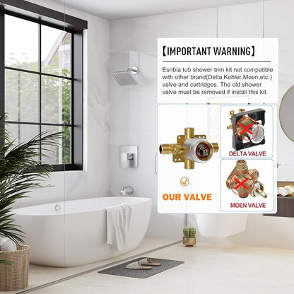 Esnbia Brushed Nickel Shower Faucet Set: 6" Rain Head, Valve & Trim Kit | Complete tub and shower trim kit with 6inch rainfall head, single-handle control, tub spout, and valve. Brushed Nickel finish