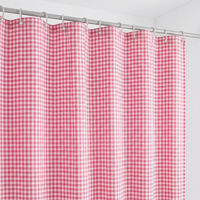 HunnmingRe Ruffle Hem Gingham Shower Curtain Pink | 72'' x 72'' Vintage Farmhouse Curtain, Cotton Cottage Core Rural Checkered Plaid Decor, Fall Shower Curtain for Bathroom