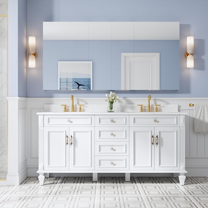72" x 36" Bathroom Medicine Cabinet with Mirror, Anodized Chrome Aluminum Frame, Surface Mount or Recessed Medicine Cabinet with Mirror, Bathroom Mirror with Storage, Four Doors