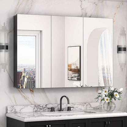 Keonjinn 48x32 Inch Black Medicine Cabinet with Mirror, HD Tempered Glass | Effortless Assembly, Adjustable Shelves, Wall Mount or Recessed, Soft Close with DTC Hinges, Bathroom Mirror with Storage