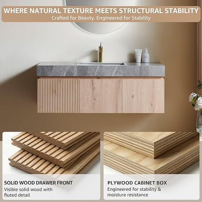 48” Floating Bathroom Vanity with Sink, Wall-Mounted Cabinet with Drawer & Doors, Gray Travertine-Pattern Sintered Stone Top, Undermount Basin, Single Faucet Hole, Soft-Close, Pre-Assembled, Light Oak