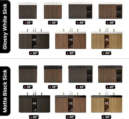 60" Double Bathroom Vanity with Sink (8" Widespread Faucet Holes Predrilled), Mid Century Modern Bathroom Cabinet with 4 Doors & Shelves, White Integrated Sink with Overflow, Dark Oak