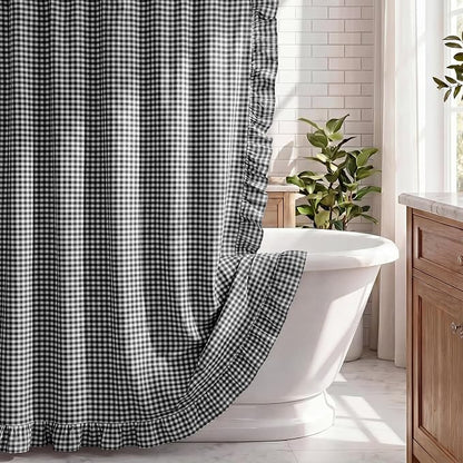 HunnmingRe Ruffled Gingham Shower Curtain Matte Black | 72'' x 72'' Vintage Farmhouse Curtain, Cotton Cottage Core Rural Checkered Plaid Decor, Fall Shower Curtain for Bathroom
