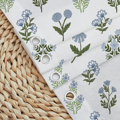 MUGINYU Abstract Vintage Floral Cotton Shower Curtain - Floral Block Print Pattern in Blue and Green,Botanical Boho Shower Curtain Set for Rustic Farmhouse Frenchy Bathroom Decor 72x72 Inch