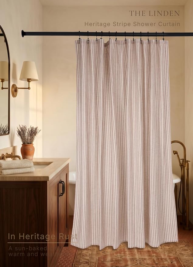 Farmhouse Striped Shower Curtain - Extra Long 72x84 Inches, Linen Blend Fabric, Breathable & Machine Washable, Rustic Rust for Bathroom Decor (Hooks/Liner Not Included)