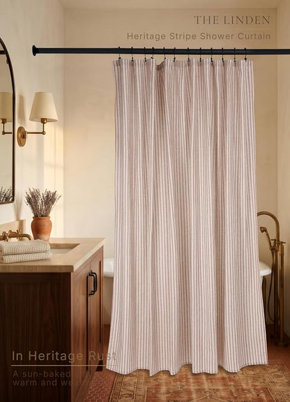 Farmhouse Striped Shower Curtain - Extra Long 72x84 Inches, Linen Blend Fabric, Breathable & Machine Washable, Rustic Rust for Bathroom Decor (Hooks/Liner Not Included)