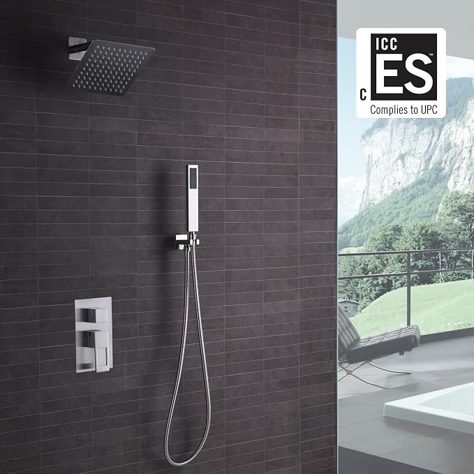 SUMERAIN Bathroom Shower Faucet System Brushed Nickel | Brass Rough-in Valve Included, 8" Stainless Steel Rain Shower Head, Brass Hand Shower, Hand Shower, Concealed Box Design