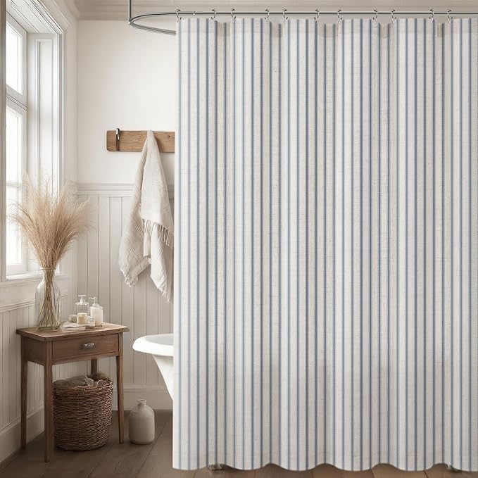 Farmhouse Striped Shower Curtain Heirloom Blue Vintage Linen Curtain 72X72 | Striped Shower Curtains with Linen Texture for Bathroom Decor