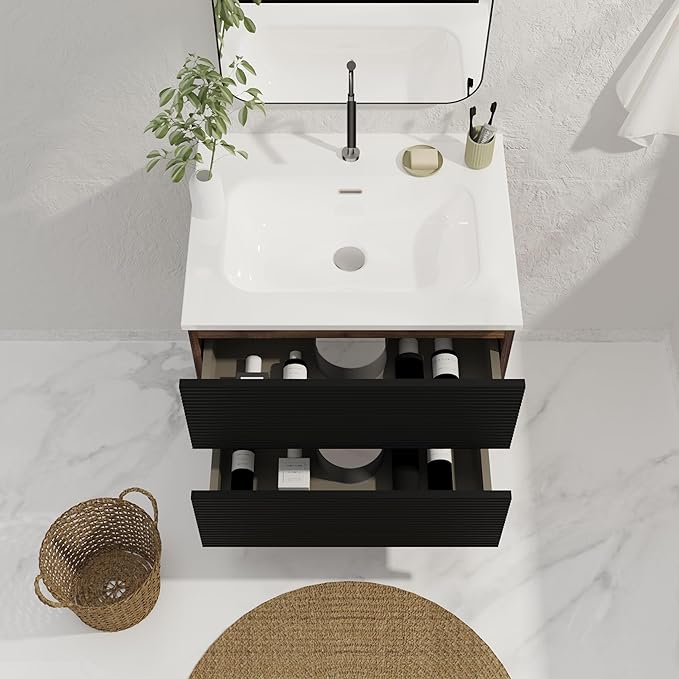 24'' Floating Bathroom Vanity with Sink Combo, Modern Bathroom Cabinet with 2-Soft Close & Large Storage Drawers, for Small Space, Apartment, Hotel, Black and Walnut
