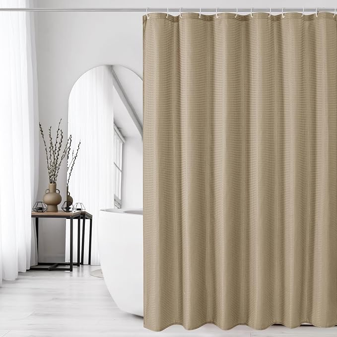 Long Beige Fabric Shower Curtain, 72 x 78 | Tall Cloth-Textured Shower Curtain for Bathroom, Water Repellent, Machine Washable