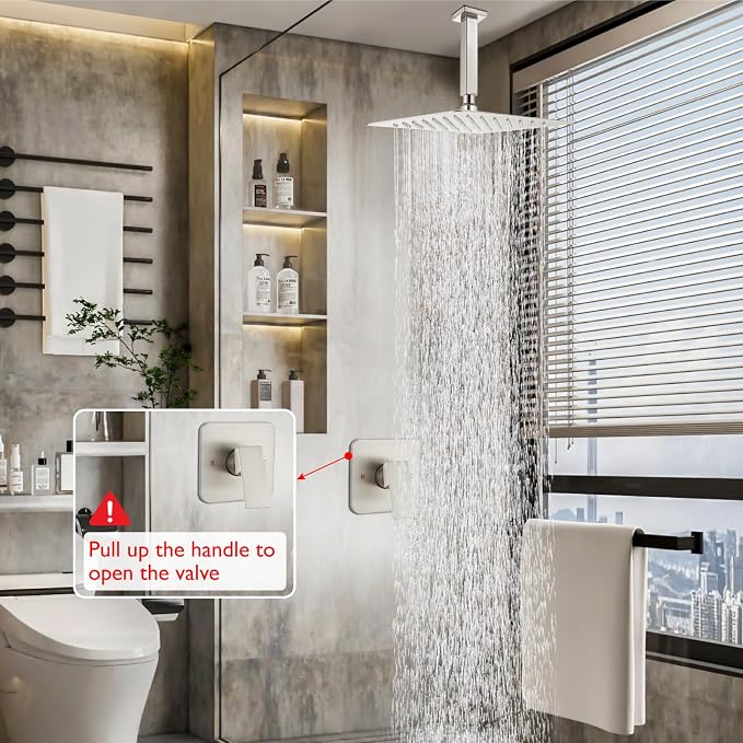 Heyalan 12-Inch Ceiling Mount Shower Faucet Set with Valve,Brushed Nickel | Rainfall shower head, ceiling-mount design, SUS304 steel, adjustable angle, single-handle control