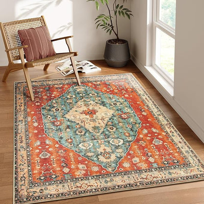 Lahome Felice Boho Tribal Square 4x4 Washable Rug, Soft Living Room Kitchen Entry Rugs with Rubber Backing, Oriental Non-Slip Indoor Throw Bedroom Carpet for Nursery Office (Rust/Dull Teal,4x4ft)
