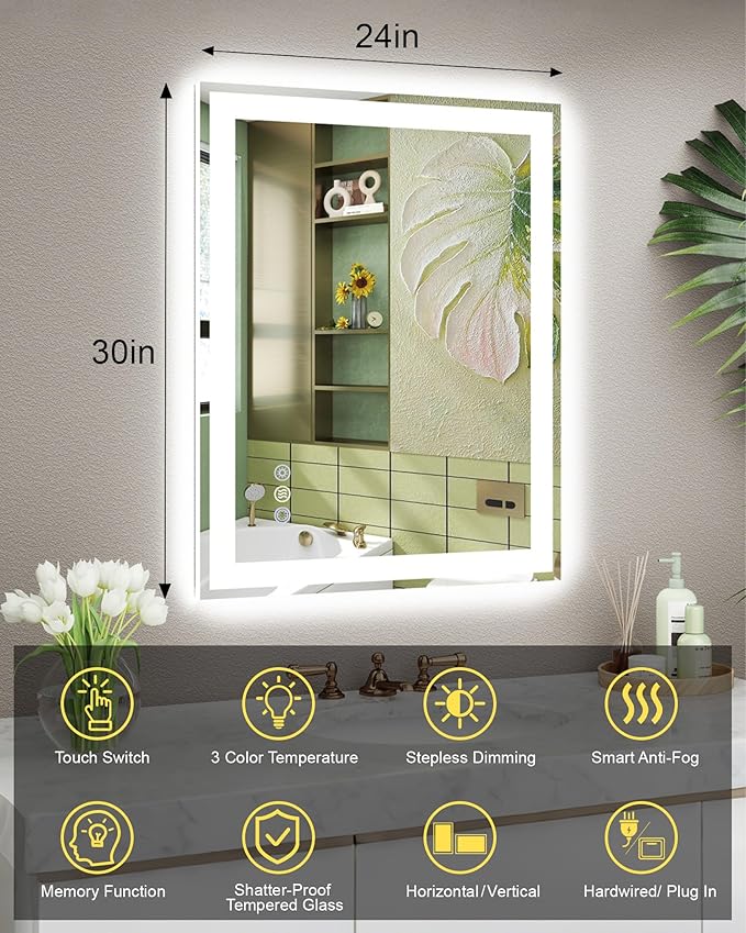 24x30 LED Bathroom Mirror, 6000LM, Separate Front and Back Lights | UL Certified,Shatter-Resistant Tempered Glass,Auto-Off Defogger,3 Color Modes,Smooth Dimming,Smart Memory Setting