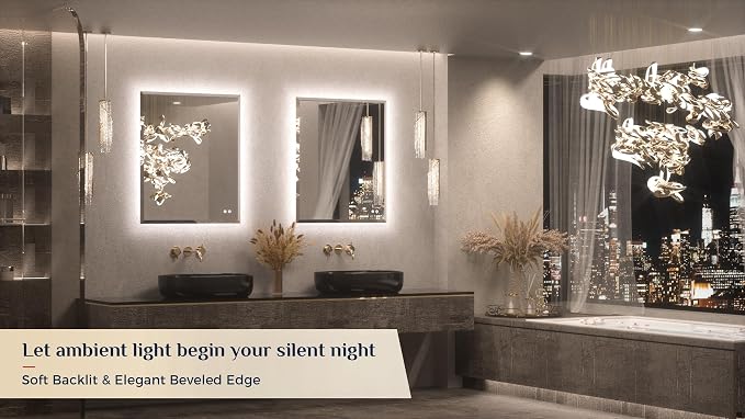 Keonjinn 30" x 36" LED Bathroom Mirror with Lights, Ambient Backlit Mirror | HD Tempered Glass Beveled Edge, Safe Defogging, Dimmable 3 Color Lights, Wall Switch/Plug in, Frameless LED Mirror for Salon