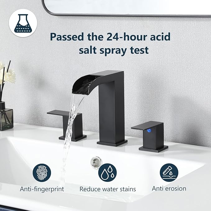 VCCUCINE Matte Black Bathroom Faucets 3 Hole, 8 Inch Widespread Square Waterfall Bathroom Sink Faucet,Black Vanity Bathroom Faucets for Vanity, Restroom, Commercial with Pop Up Drain and Supply Lines