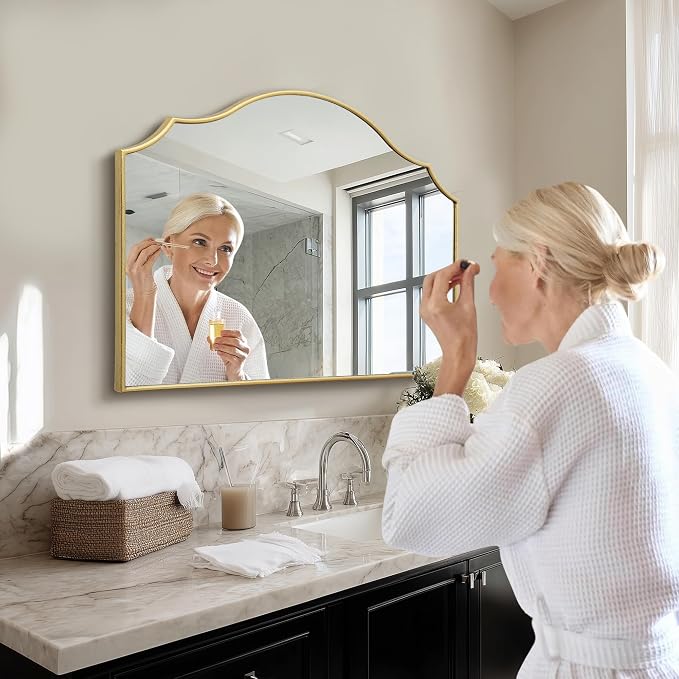 Besdomus Gold Scalloped Dresser Mirror: 35"x26" Wooden Bathroom Mirror | Modern Minimalist Decorative Arched Wall Mirror for Vanity/Mantel/Bedroom/Entryway/Fireplace/Nightstand/Dining Room/Over Sink