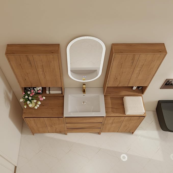 72" Bathroom Vanity Set, 72 Inch Modern Freestanding Vanity with 3 Drawers and 2 Wall-Mounted Side Cabinet, Soft Closing Doors, Single Resin Sink Floor Stand Cabinet Set Imitative Oak